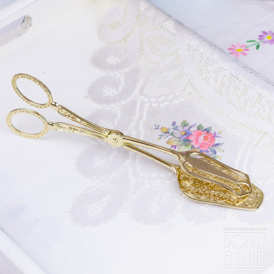 Ornate Gold Tone Serving Tongs - Tapered