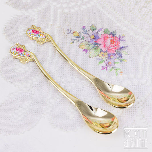 Gold Plated Rose Merry Pair of Teaspoons