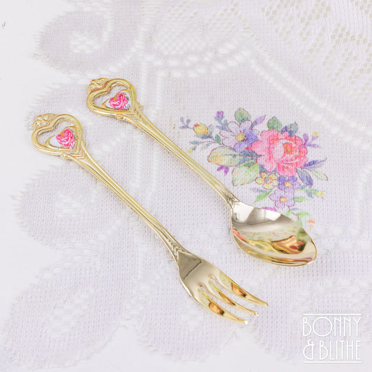 Gold Plated Cupid Rose Teaspoon and Cake Fork