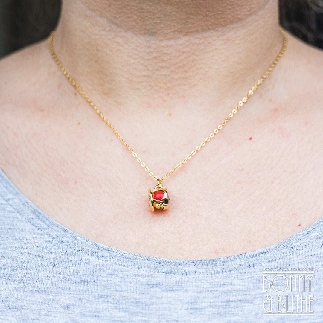 Red Heart Jewel Gold Teacup Necklace