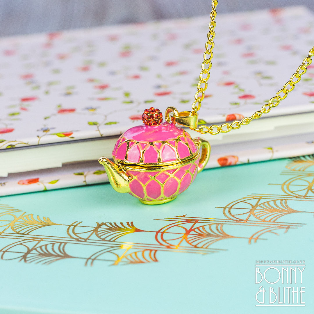Pink Enamel Gold Teapot Pendant Necklace