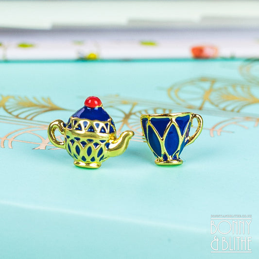 Blue Enamel Gold Teapot & Teacup Earrings
