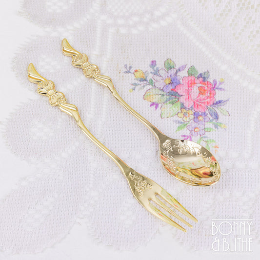Gold Plated Ribbon Bow Teaspoon and Cake Fork