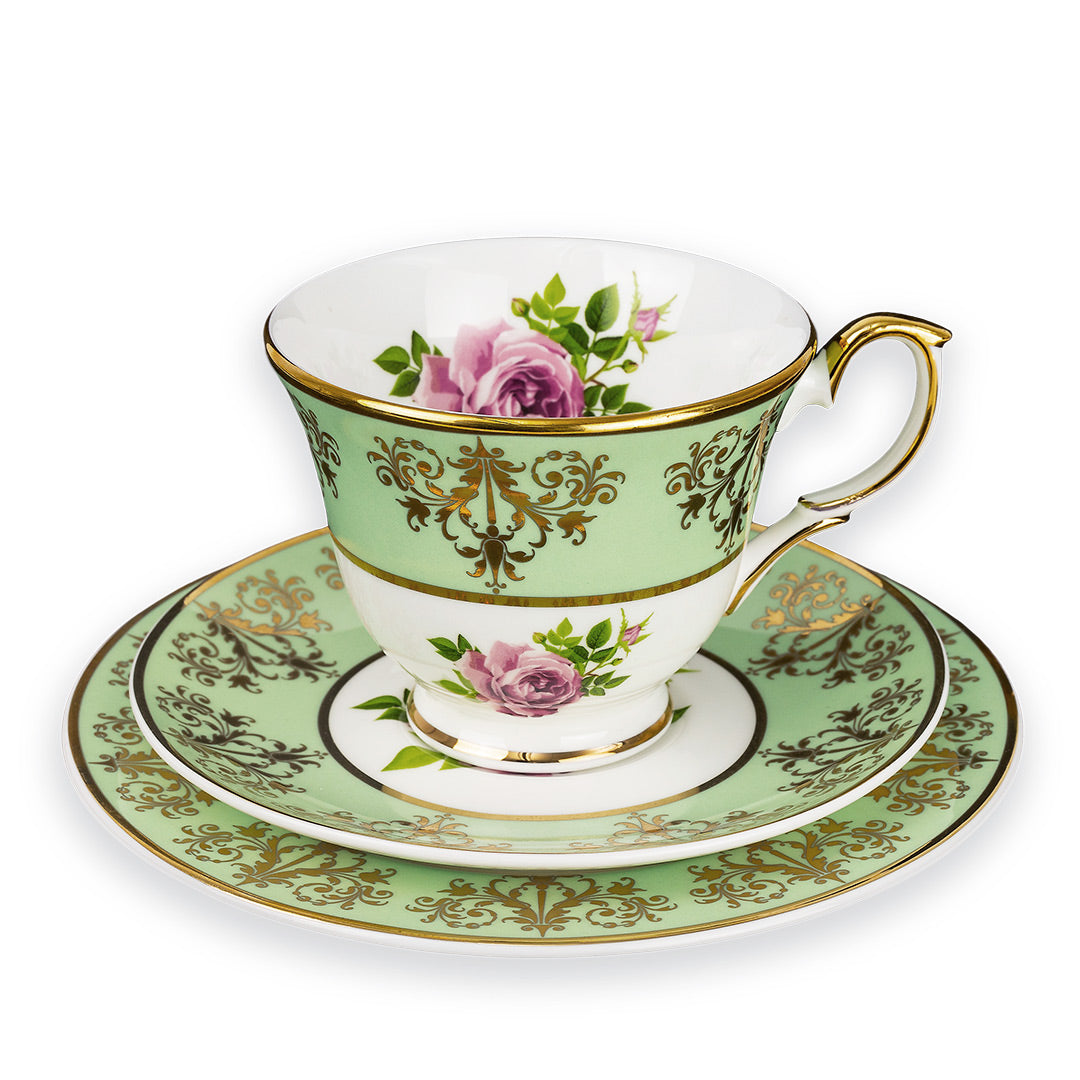 Princess Vintage Style Bone China Teacup Set Green | Pink Cabbage Rose