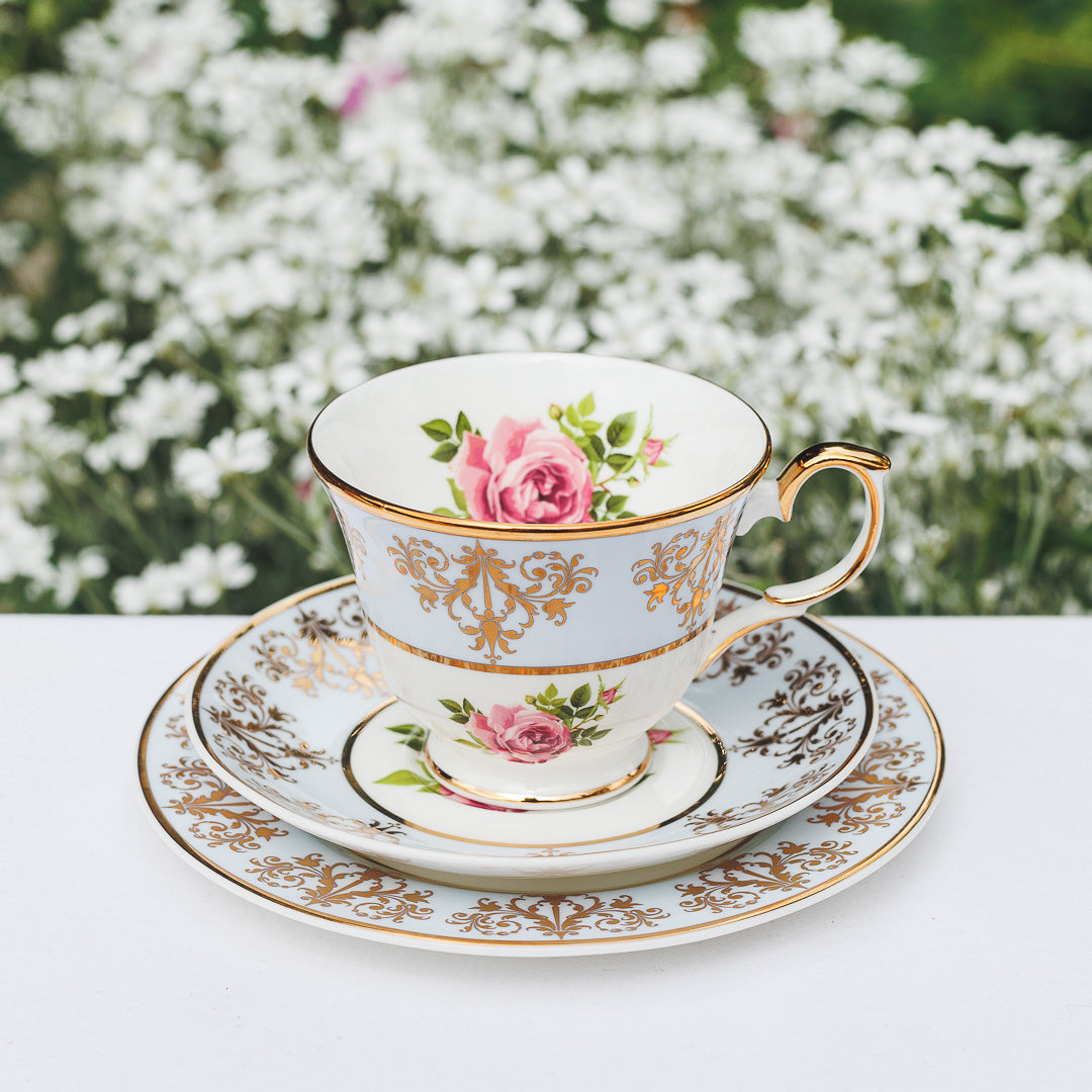 Princess Vintage Style Bone China Teacup Set Blue | Pink Cabbage Rose